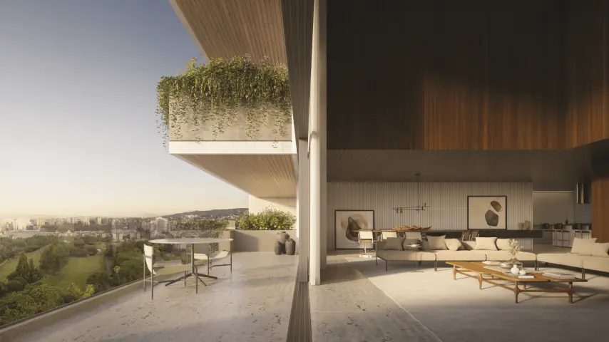 Varanda com vista livre para o campo de golfe e estar integrado, em residência do Alameda Jardins, no bairro Boa Vista, em Porto Alegre