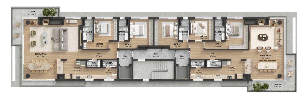 Planta ilustrativa do pavimento tipo do Matiz Moinhos, com dois apartamentos por andar