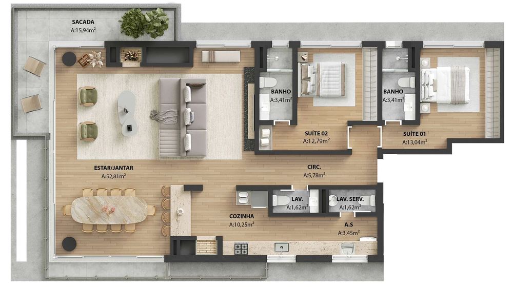 Planta ilustrativa do apartamento tipo de 156 m² do Matiz Moinhos