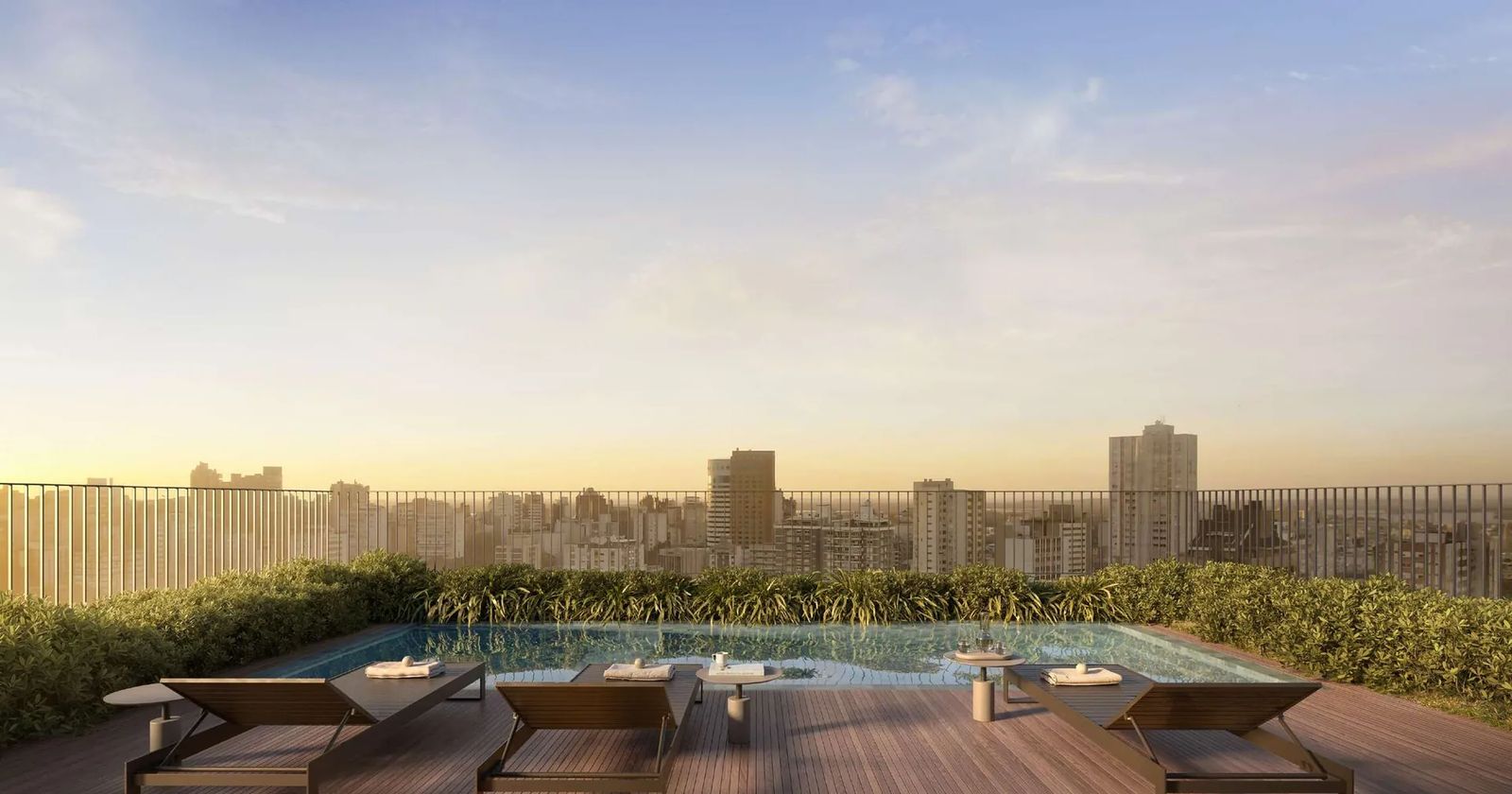 Terraço das coberturas do Matiz Moinhos, com piscina e deck, em imagem ilustrativa