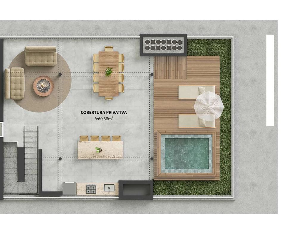 Planta ilustrativa do terraço da cobertura do Matiz Moinhos, com piscina e deck