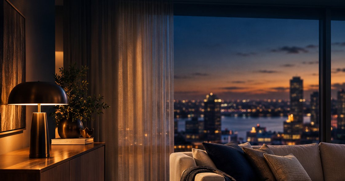 Sala de apartamento de alto padrão em Porto Alegre ao entardecer, com luz âmbar, sofá de linho e janela com vista para a cidade