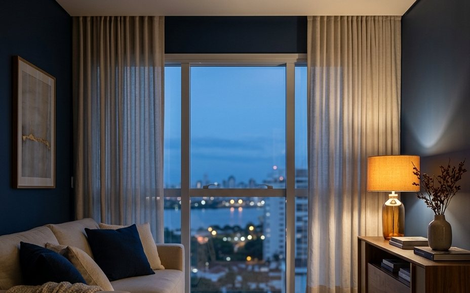 Sala de apartamento ao entardecer, com cortina de linho, sofá e vista da cidade pela janela